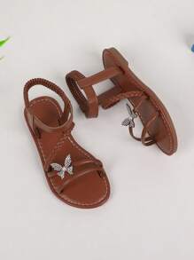 1 Pair Girls' Black Flat Sandals, Bow Decor Elastic Band Open Toe Sandals, Children Non-Slip Soft Sole Breathable Sandals, Comfortable Versatile Casual Sweet Princess Shoes For Summer - Brown - View 7