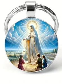 Virgin Mary Glass Pendant Keychain - Alloy, Round Design, Praying Cross - Suitable For Men & Women, Christian Fashion Accessory For Daily Wear And Parties Car Accessories Bag Charm