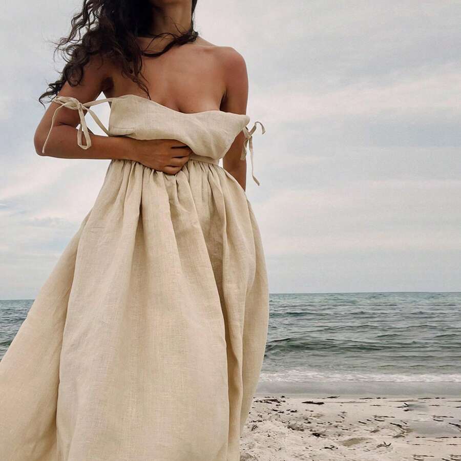 Women Long Dress Sweetheart Neck Lacing-Up Tighten Waist Sleeveless Backless Flowy Summer Cami Dresses - Apricot - View 1