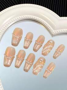 10 piezas de uñas postizas largas personalizadas, arte de uñas de cuatro estaciones, nuevo diseño de arte de uñas con estilo océano, diseño de patrón de paisaje DIY con perlas blancas, accesorios para uñas de color champán, uñas desmontables y reutilizables, polvo y brillo para uñas, adecuado para chicas y mujeres para usar en el escenario, fiestas de baile, fiestas, bodas, vacaciones. Uñas personalizadas, texto personalizado, imágenes personalizadas.