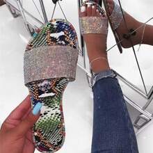 Women's Flat Sandals With Solid Color And Diamond Embellishments