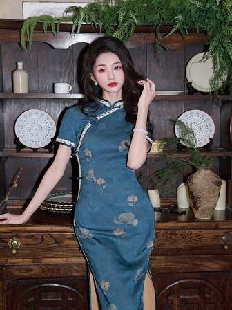 2025 Spring/Summer New Arrival Floral Print Cheongsam Dress, Short Sleeve Long Elegant Double Layer Qipao