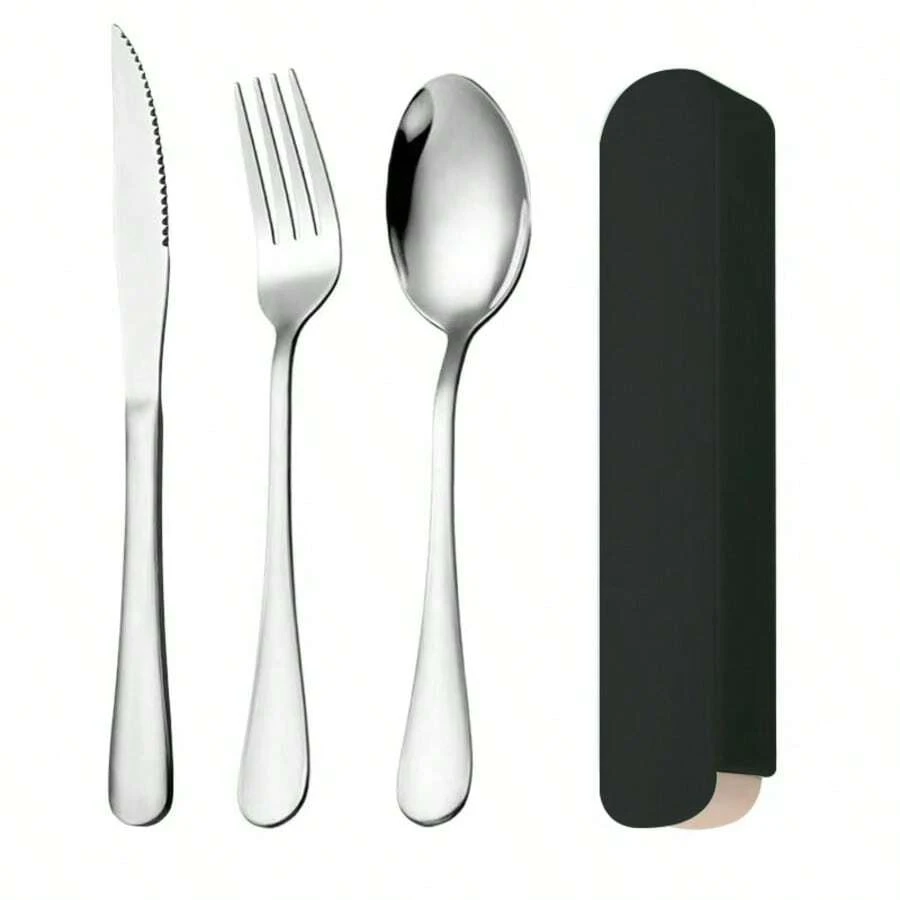Portable 3-Piece Stainless Steel Cutlery Set – Includes Knife, Fork, And Spoon With A Durable Storage Case. Ideal For Home, Office, Travel, School, Camping, And Outdoor Dining. Made Of High-Quality Stainless Steel For Durability And Easy Cleaning. Compact And Lightweight Design, Available In 4 Colors. - 3pcs-黑色 - 查看 1