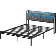 Base de Cama Individual con Cabecera Almacenamiento y LED RGB, Base Tapizada con Respaldo Cómodo, Estación de Carga, Estructura Estable y Fácil de Montar, Ideal para Dormitorio Moderno