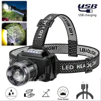 1PC Powerful LED Headlamp Portable Zoomable Headlight Built In Battery USB Rechargeable Waterproof Strong Light Head Lamp For Outdoor Fishing