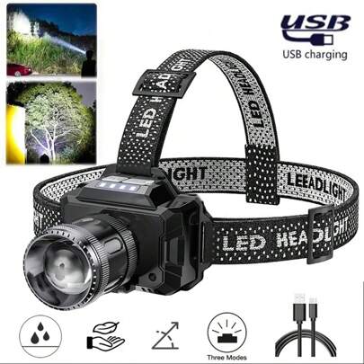 1 PIEZA Potente Linterna Frontal LED Portátil con Zoom, Batería Integrada, Recargable por USB, Impermeable, Luz Fuerte para Uso en Exteriores, Pesca