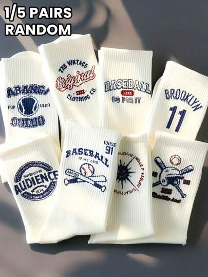 5 Pairs Of Men's And Women's Identical Baseball Letter Pattern Crew Socks Street Sports Style Mid-Tube Socks For Everyday Wear, Fall