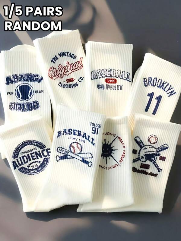 5 paires de chaussettes identiques style baseball à lettrage pour hommes et femmes. Chaussettes mi-mollet de style sportif de rue pour un porter quotidien