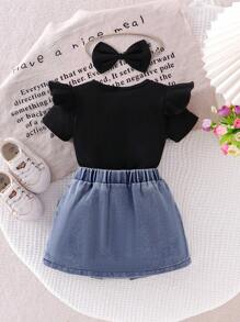 Baby Girl 3pcs Set: Black Ribbed Cap Sleeve Shirt, Butterfly Decor Elastic Waist Denim Skirt And Hair Tie Suit