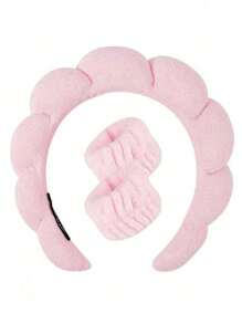 3pcs Solid Bath Headband & Bath Wrist Band Set Back To School - Pink - View 3