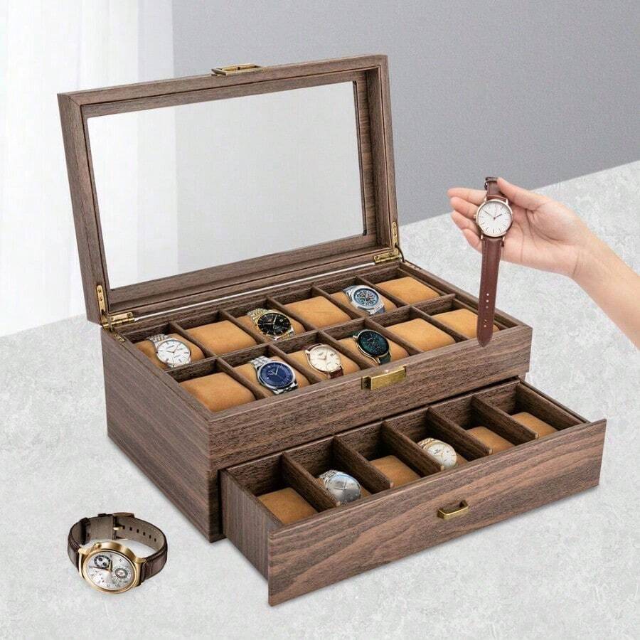 24 Slots Watch Box Watch Case Jewelry Holder Watch Display Case With Drawer UK - Brown color - View 1