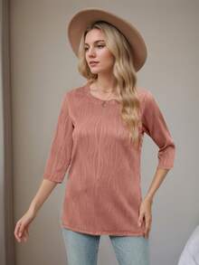 SANOPY Women's T-Shirts,Going Out Tops For Women,Ladies Tops And Blouses,Women's Round Neck Three Quarter Sleeve Textured Casual Slim Top - 粉色 - 查看 3