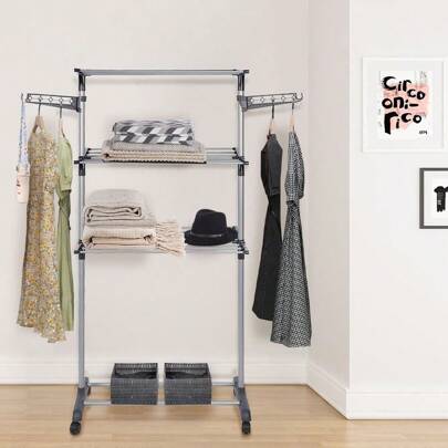 Stendibiancheria in piedi 72*56*152cm Asciugatrice pieghevole a 3 livelli con ruote, asciugatura piatta, stendibiancheria pieghevole in acciaio inossidabile