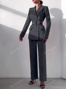 Women's 2pcs Elegant Belted Double-Breasted Blazer Jacket & Elastic Waist Straight Leg Pants Suit Set, Office Work Wear, Fall/Winter, Suitasble For Spring Business Casual