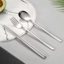 Set de 3 piezas personalizado de cuchara, tenedor y palillos reutilizables de acero inoxidable, juego de cubiertos europeos de plata para comedor, cocina, regalo de Navidad. Set de tres piezas de cubiertos de acero inoxidable, palillos, cuchara y tenedor para estudiantes y viajes.