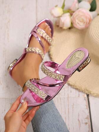 Women's Flat Sandals, Summer Rhinestone Sequin Dual-Wear Slippers, Fashionable For Outdoor