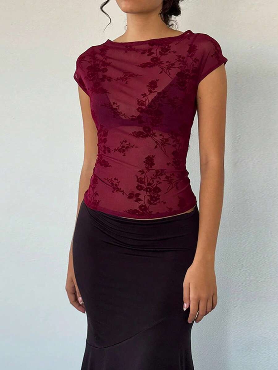 女士花卉植绒网眼透视短款上衣，复古风格 - 酒紅色 - 查看 1