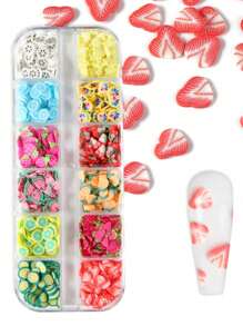 12 件软粘土碎片盒，心形、水果和花朵指甲装饰，凝胶指甲薄贴纸，水晶泥填充物指甲用品指甲饰物指甲宝石 - 彩色 - 查看 4