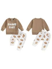 Toddler Boys Spring Outfits Fuzzy Letter Embroidery Long Sleeve Sweatshirts And Rugby Print Long Pants 2Pcs Clothes Set - Khaki - View 7