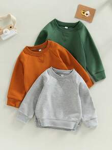 Sudaderas para niños y niñas pequeños, color liso, cuello redondo, manga larga, sudaderas con capucha, jerséis casuales de otoño e invierno. - Verde - Ver 8