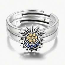 1 Pair Sun, Moon And Shiny Stars Design Copper Couple Rings With Colorful Zirconia Inlay