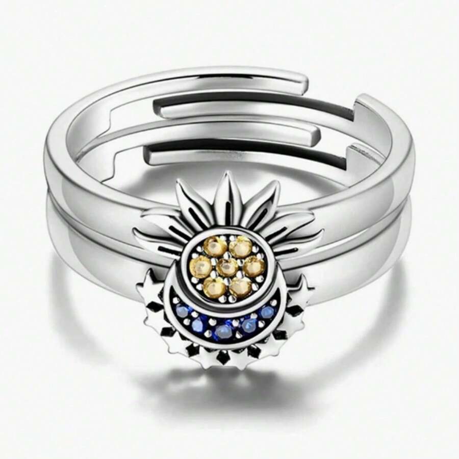 1 Pair Sun, Moon And Shiny Stars Design Copper Couple Rings With Colorful Zirconia Inlay