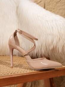 Women's Niche Design French Style Criss-Cross Hollow-Out High Heel Sandals, Summer Casual Fashionable Slimming Pointed Toe Apricot Stilettos, Non-Abrasive