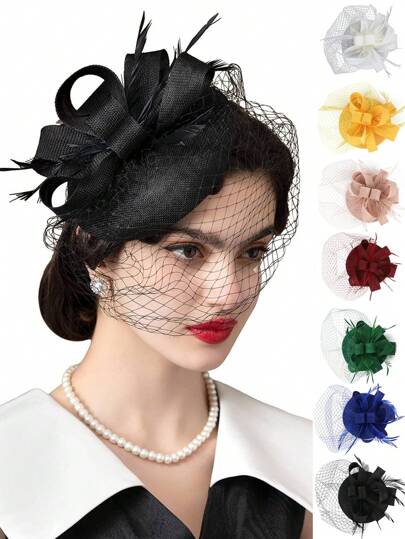 1 قطعة قبعة مزين بالريش والنقاب لحفل الشاي وسباق كنتاكي وحفل الزفاف, اكسسوارات شعر قبعات صغيرة وقبعات ميني فوق