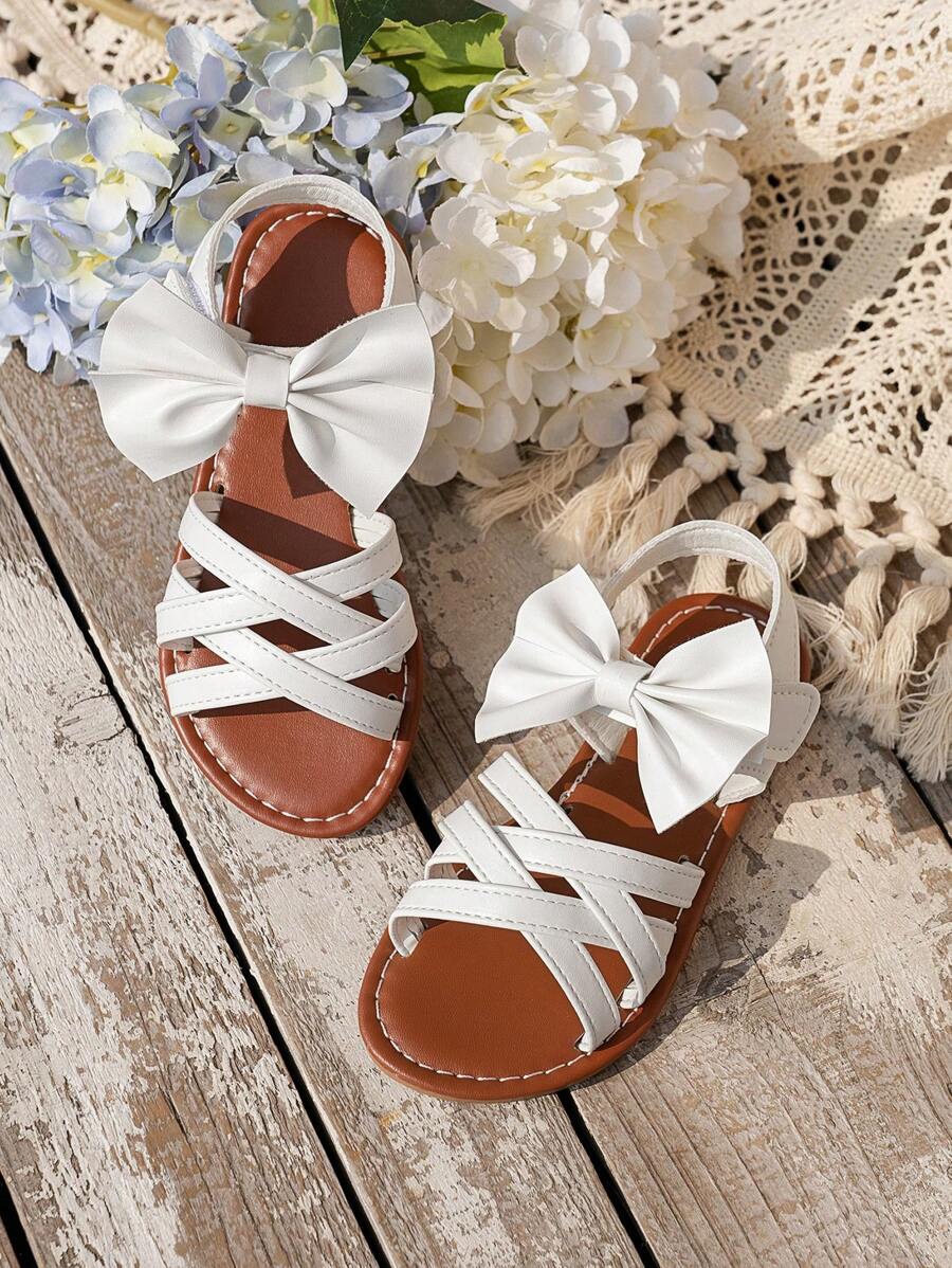 Girls Flat Sandals With Striped Woven Strap & Bow Decor, Lightweight Anti-Slip Comfortable Fashionable For Outdoor Play, Home, Beach, Vacation - White - View 1