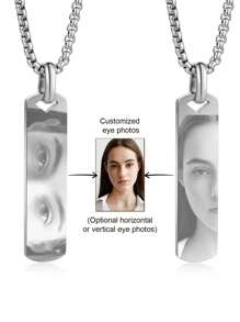 Customized Stainless Steel Laser Engraved Eye Photo Necklace, 60cm Faux Pearl Chain Personalized Rectangle Pendant Necklace, Gift For Boyfriend Couples Eye-To-Eye Couple Necklace,Jewelry & Watches,Season Picks,Custom Name Stainless Steel Necklace, Personalized Nameplate - Silver - View 8