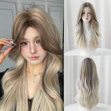 Gradient Long Curly Grey Mixed Brown Wig For Women Soft Loose Wave Wig With Curtain Bangs Fluffy Natural Synthetic Heat Resistant Fiber For Charming Girls Daily Party Use 26 Inch