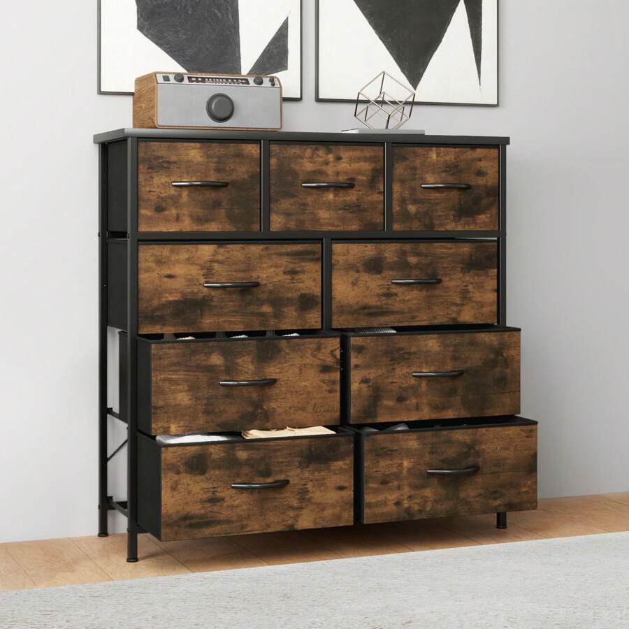 Kommode mit 9 Schubladen,Schrank,Stoffschubladen mit Griffen,Kommodenschrank mit Stabiler Stahlrahmen