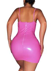 Women's Summer Sexy Skinny Dress Solid Color Sleeveless Square Neck Zipper Leather Dress - Rosa - Ver 3