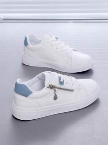 Classy Aesthetic Spring Break 2025 New Style Casual White Shoes For Women, Ladies Platform Shoes, Cute White Low Top Shoes, Comfortable And Fashionable Sneakers, Increase Height By 5cm, Suitable For Short Women Vacation Outfits - Blue - View 3