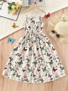 女孩优雅蝴蝶印花无袖连衣裙 - V 领，长款，完美的夏季选择 - 彩色 - 查看 2