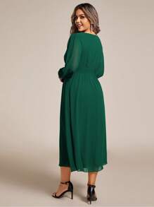 EVERPRETTY Plus Size Elegant V Neck Lantern Sleeves Bridesmaid Dresses Midi Green Formal Dresses - Dark Green - View 2