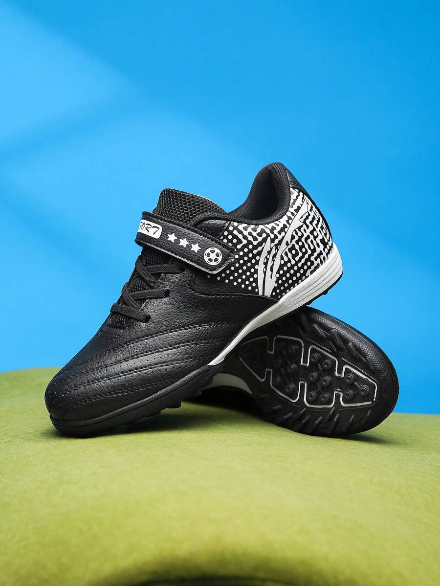 1 Pair Unisex Kids' Leather Magic Strap Sports Shoes, Waterproof, Shock-Absorbing, Comfortable, Soft For Grass, Students, Football Training, Casual, Running, Lightweight Cleats - Black and White - View 1