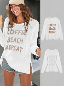 Plus Size Women's Loose Fit Pullover Knit Sweater, Round Neck - White - View 1