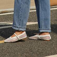 Rihero Women's Breathable Mesh Ballet Flats With Square Toe And Adjustable Buckle Strap - Casual Fishnet Design Flat Shoes - 白色 - 查看 3