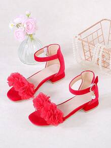 1 Pair Girls' Fashionable And Cute Red Flower High Heel Sandals, Suitable For Summer