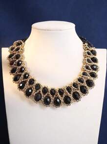 1pc Elegant Fashion Necklace With Double Row Geometric Rhinestone Decor, Sophisticated Design, Versatile For Ladies Wear, Suitable For Mother's Day And Party Accessories - Black - View 1