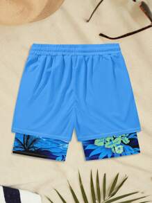 Men's Double Layer Beach Style Sports Shorts,Hawaiian - Multicolor - View 3