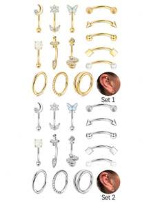 Milacolato 14 PCS Rook Piercing Jewellery Gold 16G Surgical Steel Silver Eyebrow Piercing 8MM Curved Barbell Piercing Vertical Labret Lip Bars Daith Helix Cartilage Rook Hoop Piercing Earrings - Multicolor - View 1