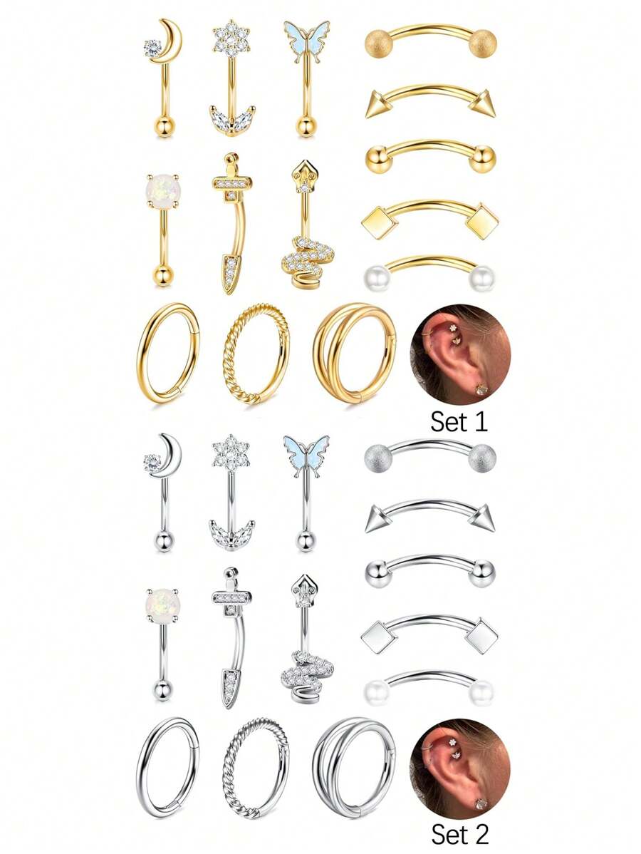 Milacolato 14 PCS Rook Piercing Jewellery Gold 16G Surgical Steel Silver Eyebrow Piercing 8MM Curved Barbell Piercing Vertical Labret Lip Bars Daith Helix Cartilage Rook Hoop Piercing Earrings - Multicolor - View 1