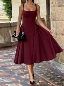 WOWDARK 女式简约纯色方领 A 字形吊带连衣裙，秋季 - 紅色 - 查看 8