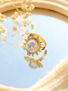 1pc Stainless Steel Ring With Unique Textured White, Black, Blue Natural Stone, Suitable For Women Everyday, Party, Halloween, Valentine's Day, Thanksgiving Gift