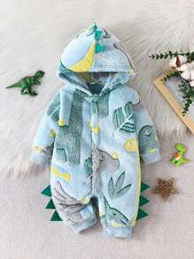 Pelele con capucha suave de niño pequeño, diseño casual con estampado de dinosaurio, abotonadura delantera, manga larga, mono para bebés e infantes, conjunto de otoño - Azul - Ver 3