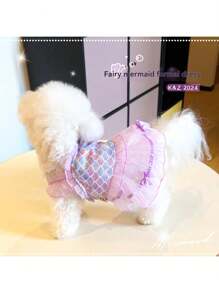 可爱狗狗连衣裙美人鱼印花衣服、猫网和蝴蝶结装饰宠物服装 - 粉色 - 查看 5