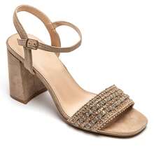 Sandalias con tira de tobillo y tacón de bloque con rhinestones - Caqui - Ver 3