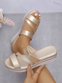 Sandalias de mujer, sandalias de moda de verano para mujer, sandalias doradas, cuña de plataforma gruesa, para uso en interiores y exteriores, chanclas de punta redonda con suela gruesa, calzado femenino